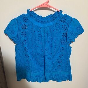 Women's Bright Blue Eyelet Lace Short Sleeve Blouse